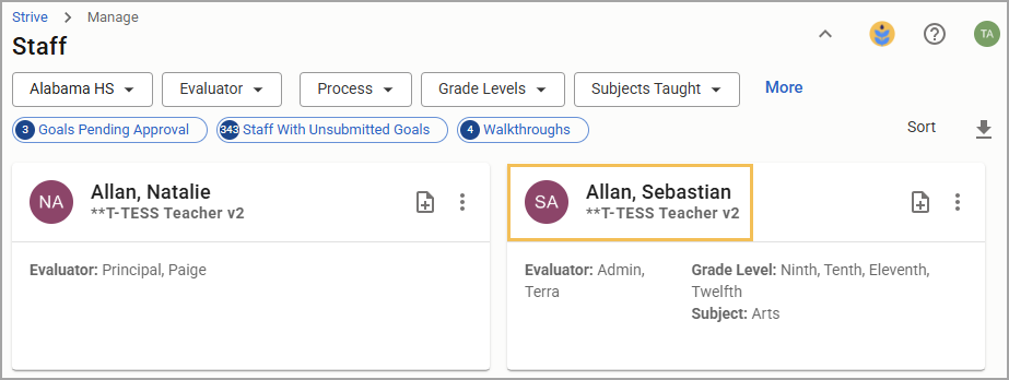Staff list showing two teachers with their evaluators and subjects taught.